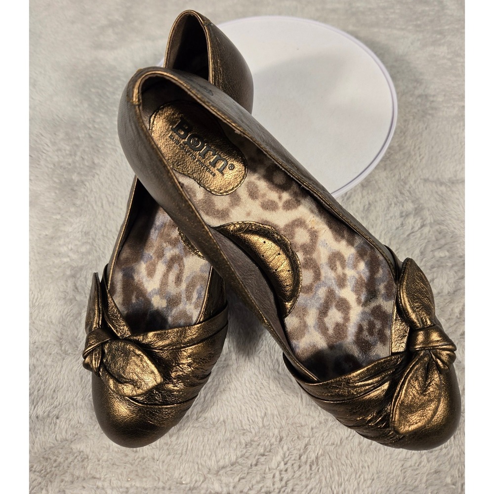 Born Womens Metallic Bronze Leather Ballet Flats Knotted Bow‎ Round Toe W82421 7